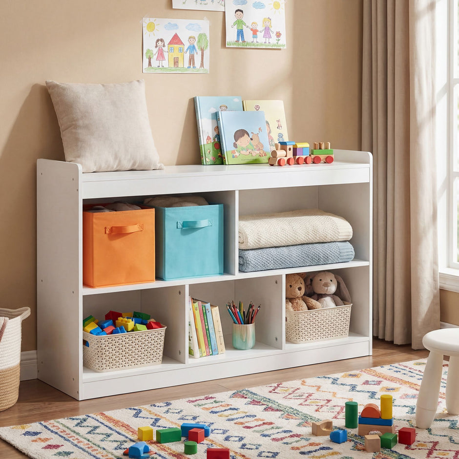 Kinderrek - Montessori Speelgoed- en Boekenrek - Wit - 30 x 112,2 x 65 cm