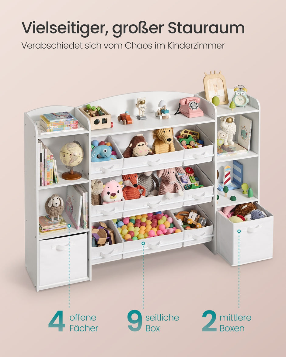Kinderplank - 30 x 143,8 x 104 cm - 4 open vakken - 9 middelgrote en 2 zijvakken - kleur: wolkenwit - maximale belasting per plank: 20 kg - maximale belasting per open vak: 10 kg - maximale totale belasting: 160 kg