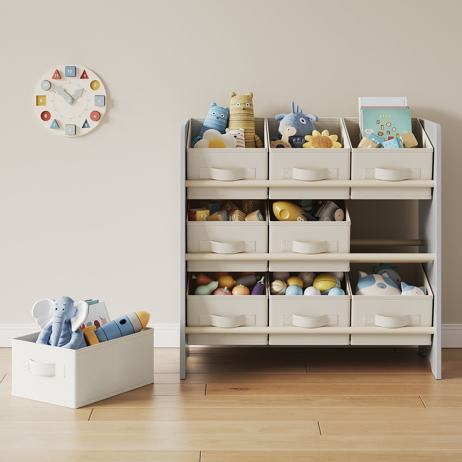 Bücherregal mit 9 Stoffaufbewahrungsboxen - Organizer Board mit Kursen