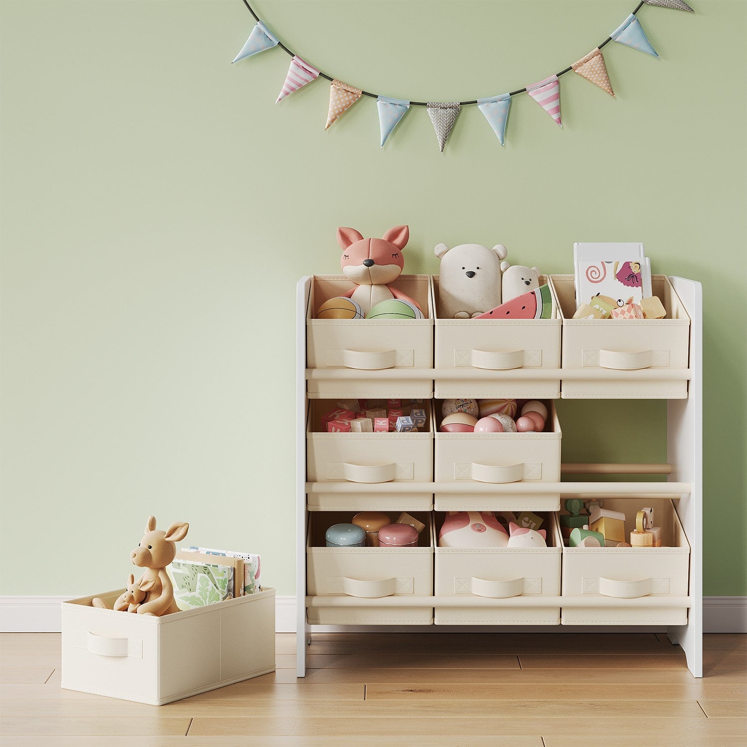 Bücherregal mit 9 Stoffaufbewahrungsboxen - Organizer Board mit Kursen
