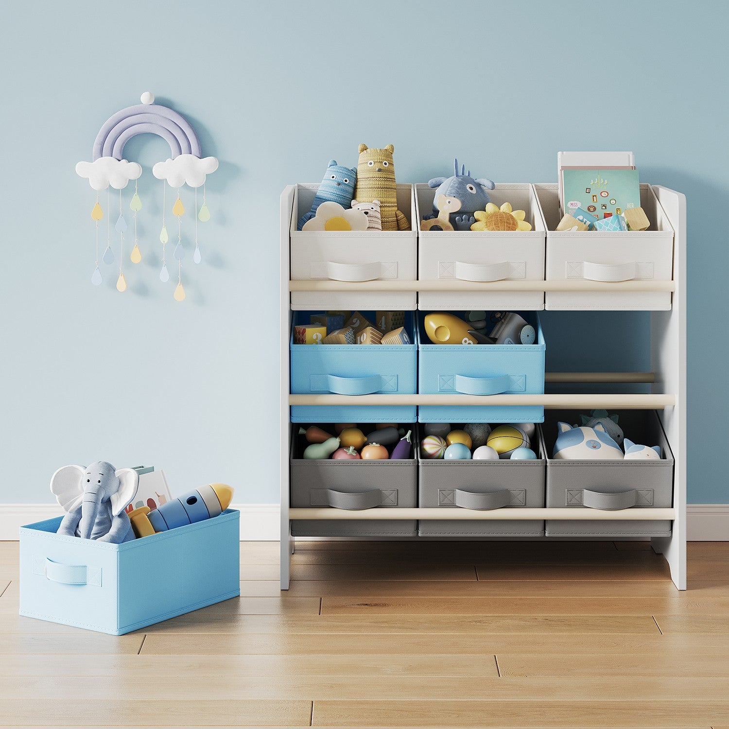 Bücherregal mit 9 Stoffaufbewahrungsboxen - Organizer Board mit Kursen
