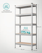 Schweres Regal mit 5 Regalen 30 x 75 x 150 cm Silber