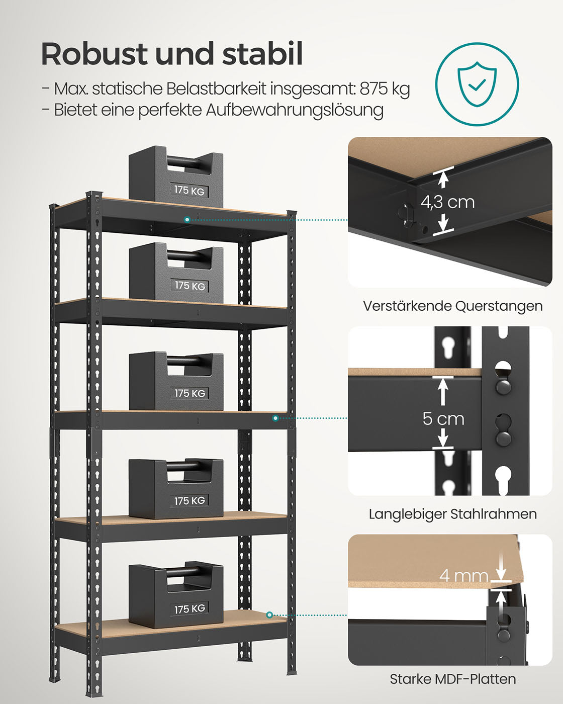 Stark ausgeführter Schutz Set von 2 mit 5 Regalen 30 x 75 x 150 cm Schwarz