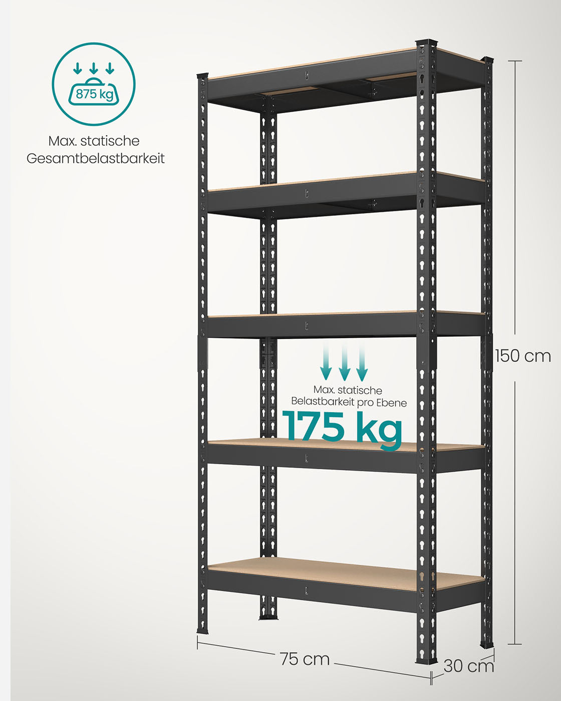 Stark ausgeführter Schutz Set von 2 mit 5 Regalen 30 x 75 x 150 cm Schwarz