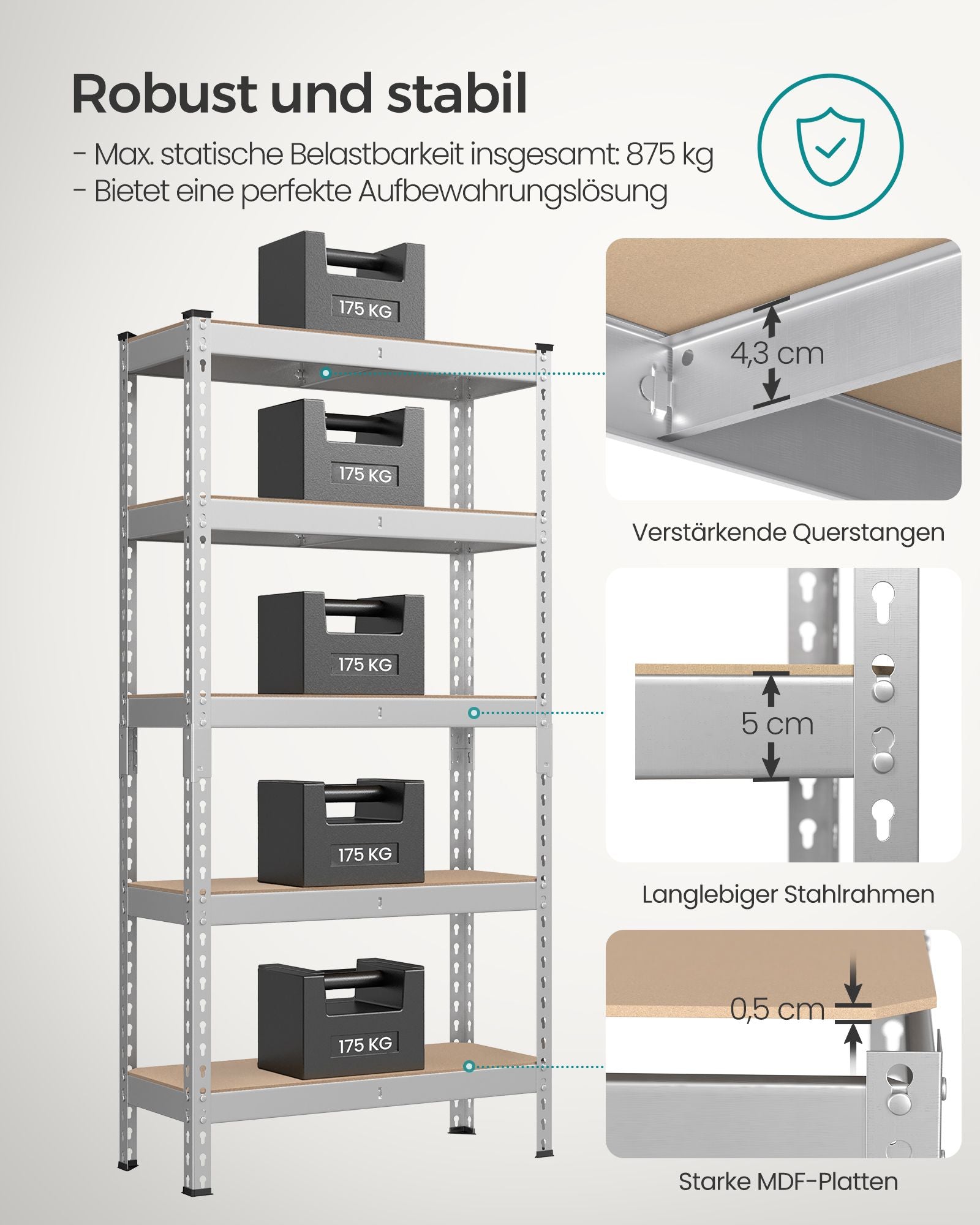 Schweres Regal mit 5 Regalen 45 x 90 x 180 cm Silber