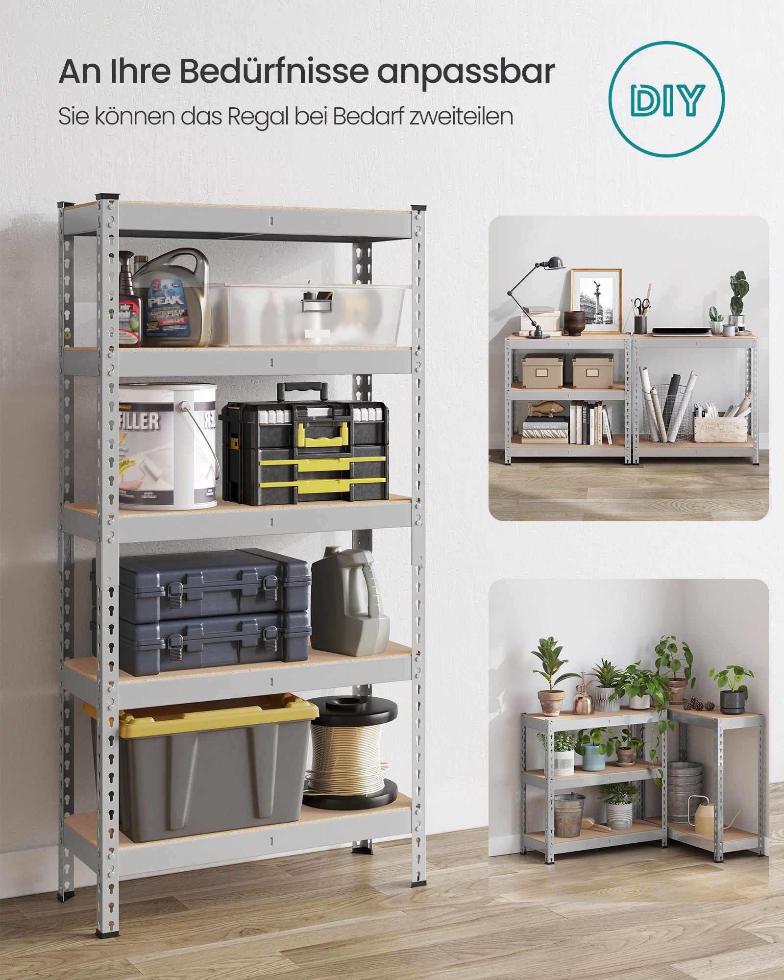 Schweres Regal mit 5 Regalen 45 x 90 x 180 cm Silber