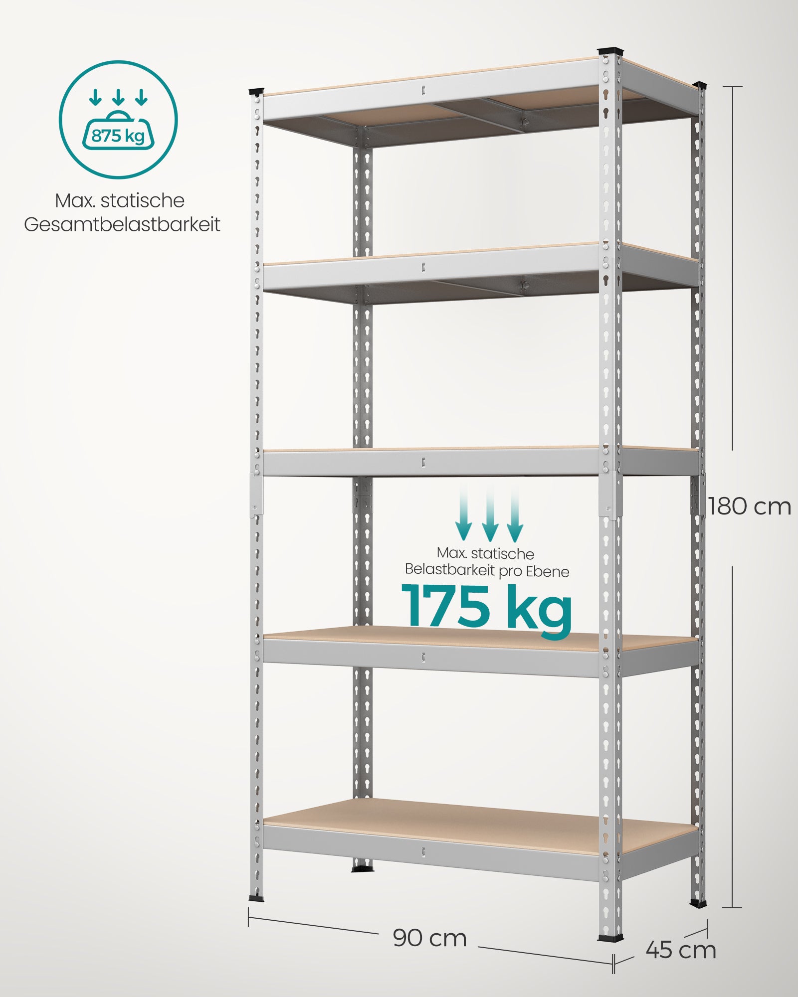 Schweres Regal mit 5 Regalen 45 x 90 x 180 cm Silber