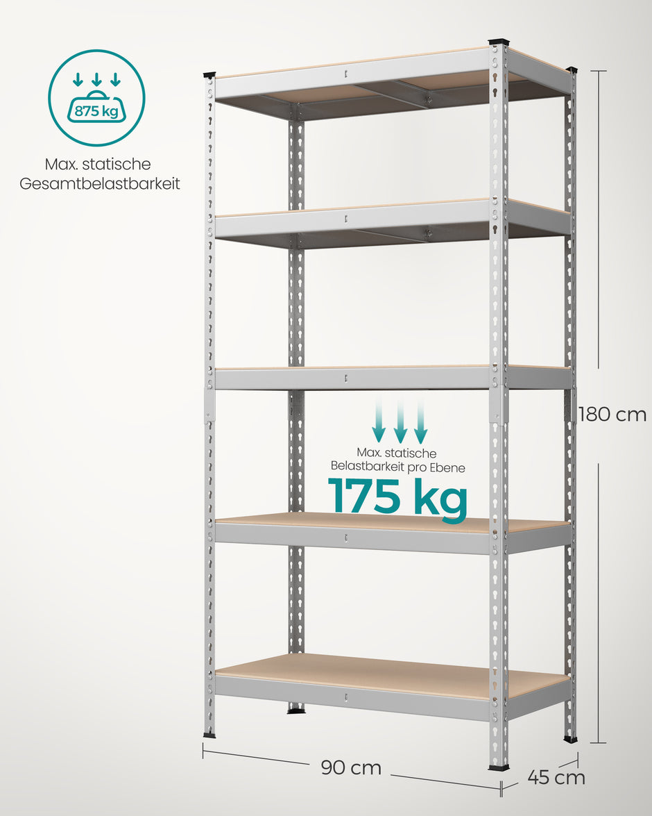 Schweres Regal mit 5 Regalen 45 x 90 x 180 cm Silber