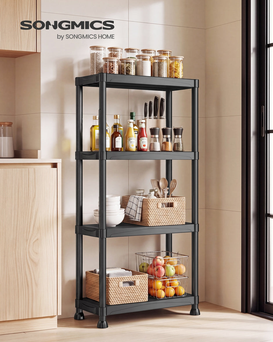 Kunststof Stellingkast – 4 Planken – Tot 80 kg – 60 x 30 x 133,5 cm – Zwart