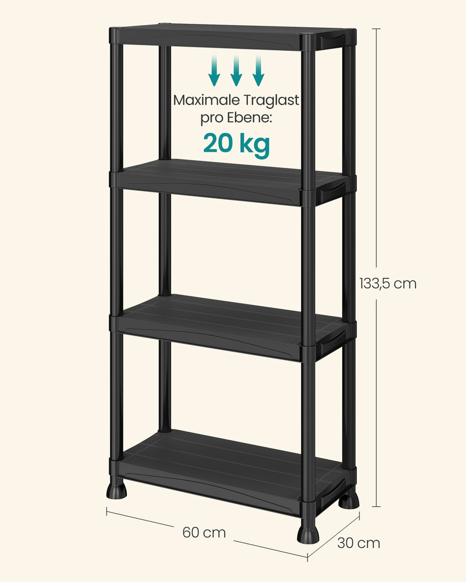 Kunststof Stellingkast – 4 Planken – Tot 80 kg – 60 x 30 x 133,5 cm – Zwart