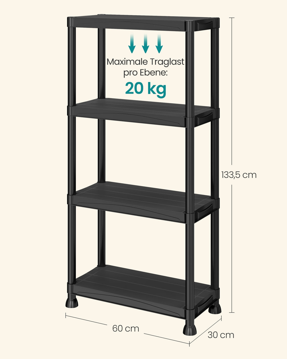 Kunststof Stellingkast – Set van 2 – 4 Planken – Tot 80 kg – 60 x 30 x 133,5 cm – Zwart