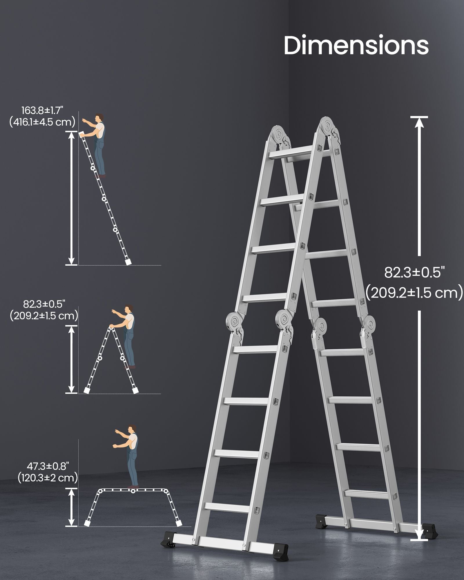 Leiter mit 16 Stufen in 6 Positionen 430 cm lang Silber