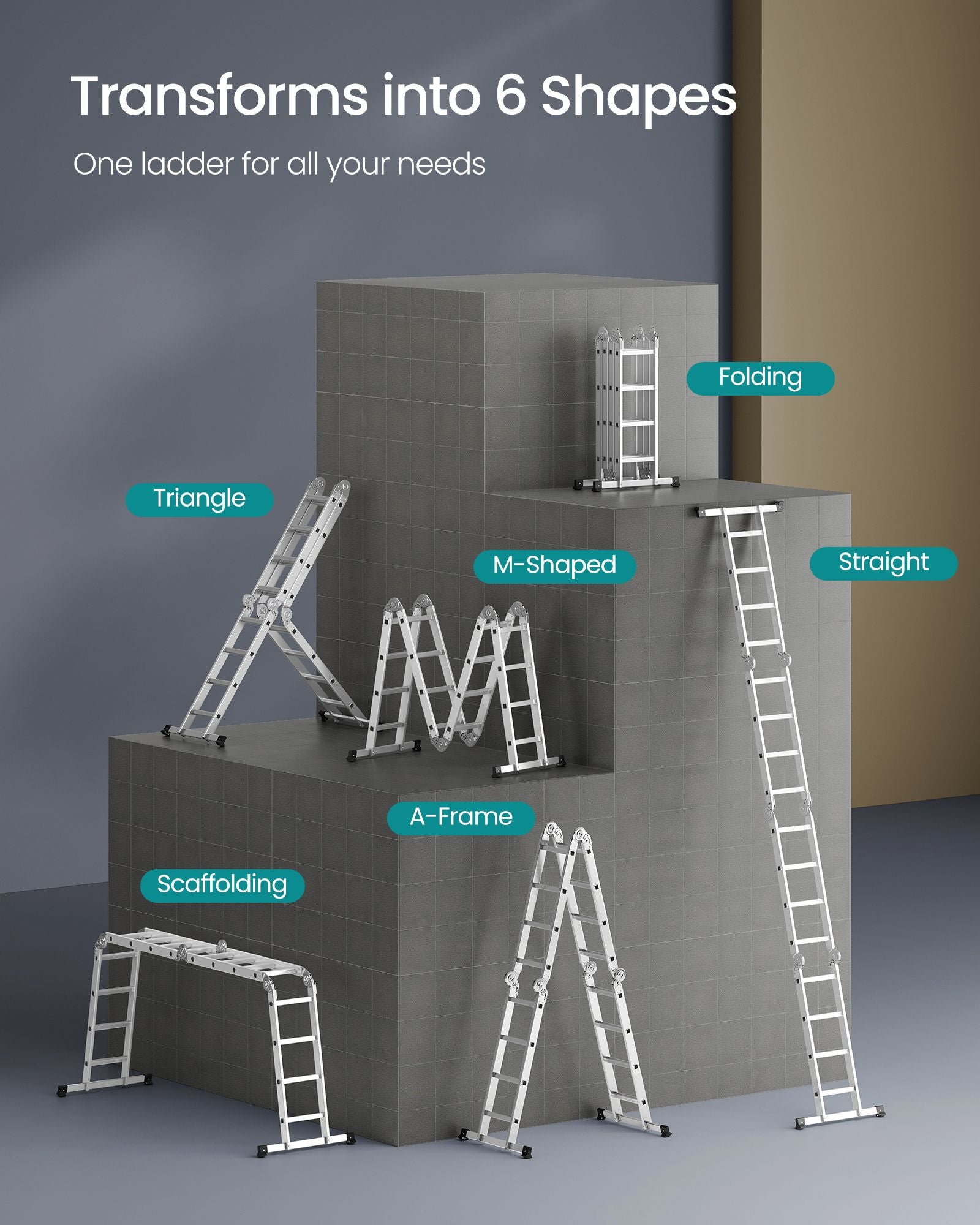 Leiter mit 16 Stufen in 6 Positionen 430 cm lang Silber