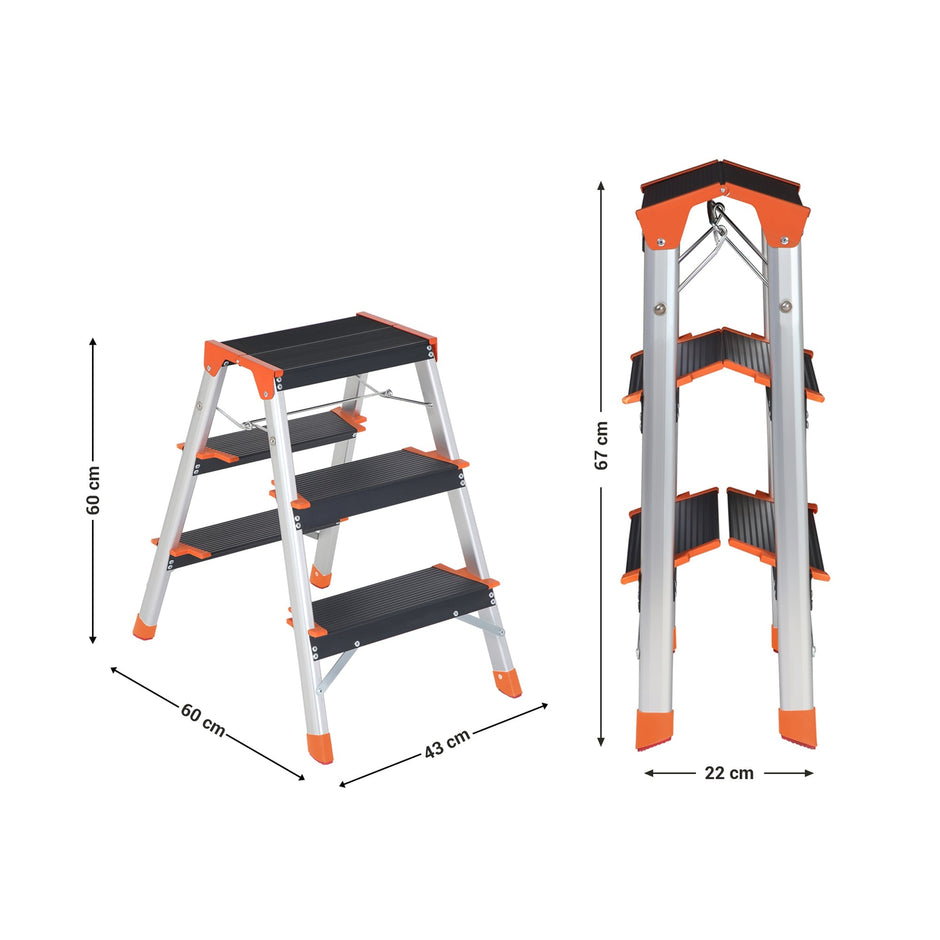 Leiter - Faltleiter - 3 Stufen - Aluminium - Anti -Slip - steuerpflichtig bis zu 150 kg - Orange / Silber