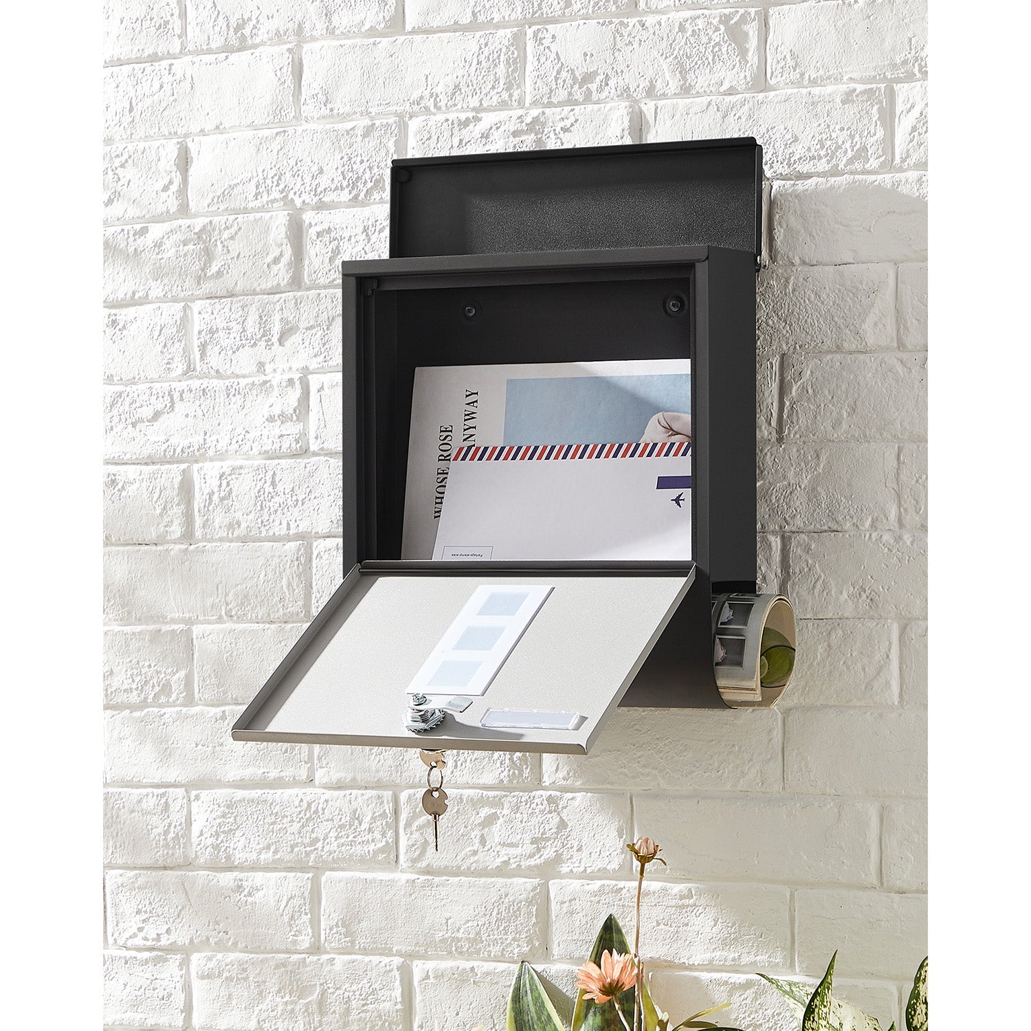 Wall Letterbox - Briefkasten - mit Zeitungsbox und Typenschild - mit Schloss - Silberschwarz