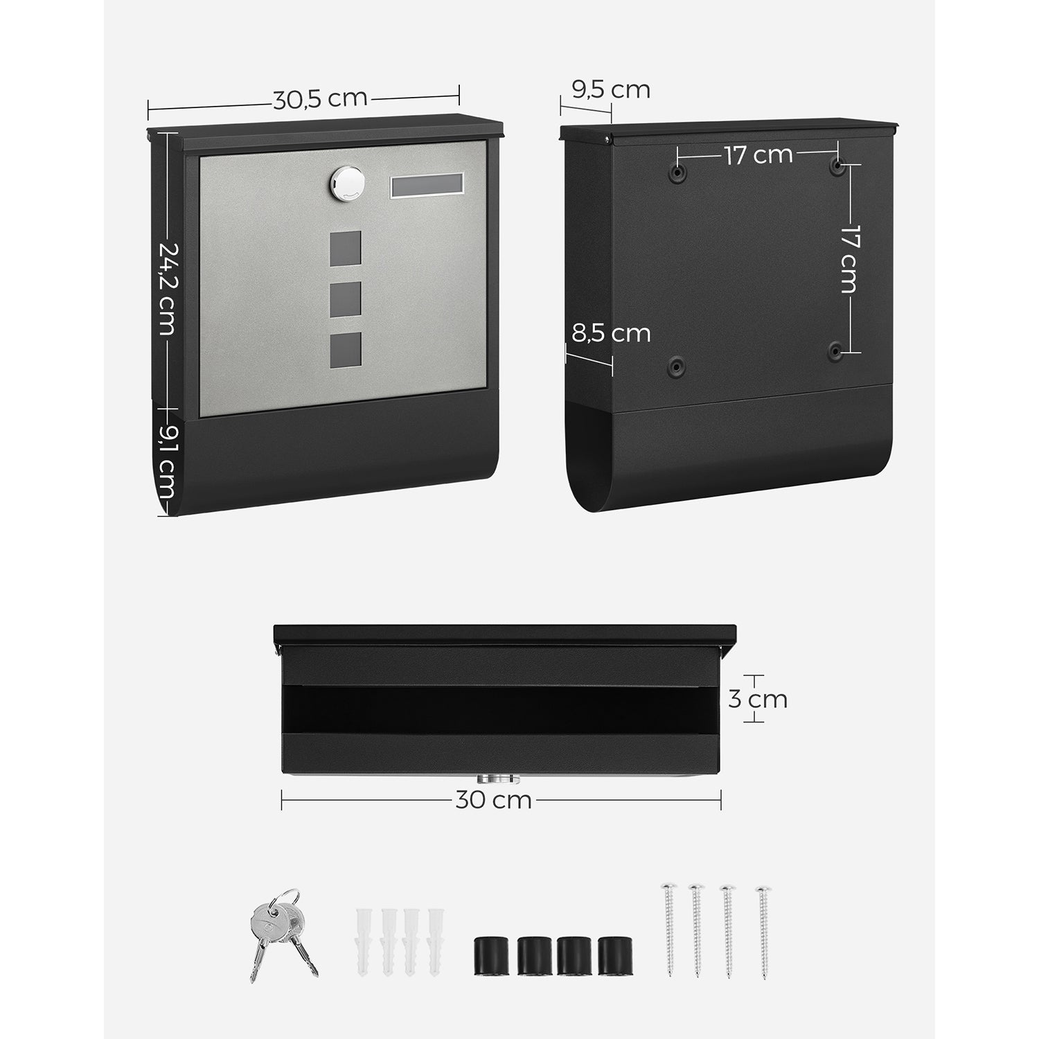 Wall Letterbox - Briefkasten - mit Zeitungsbox und Typenschild - mit Schloss - Silberschwarz