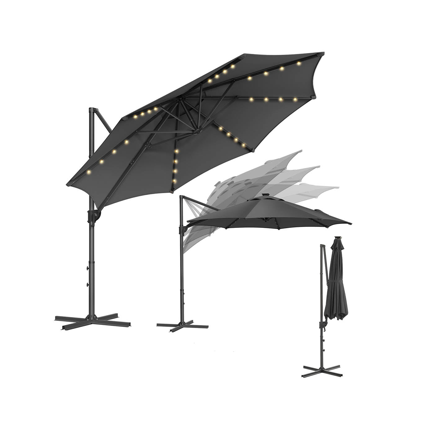 Parasol Ø300 cm-upf 50+-fith 28 LED-Lampen-Grau