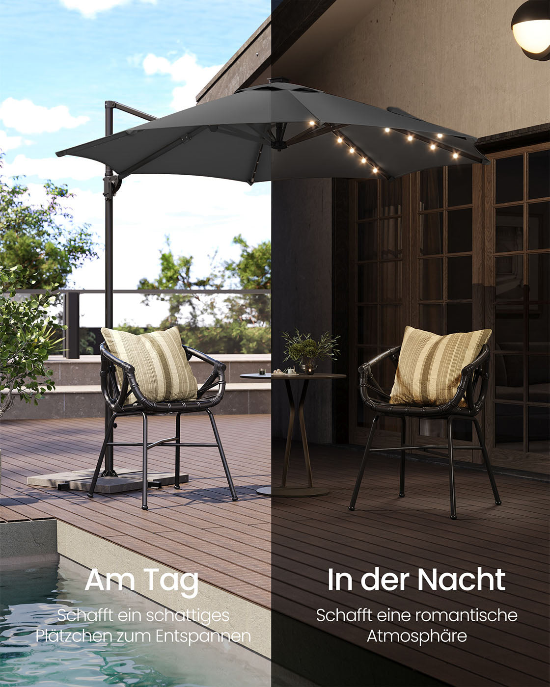 Parasol - schwimmendes Parasol - mit Kurbel - mit Beleuchtung - Grau