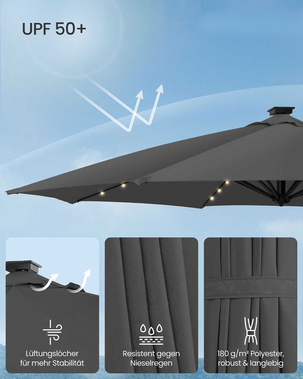 Parasol Ø300 cm-upf 50+-fith 28 LED-Lampen-Grau