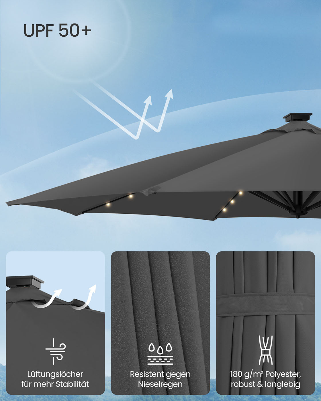 Parasol Ø300 cm-upf 50+-fith 28 LED-Lampen-Grau