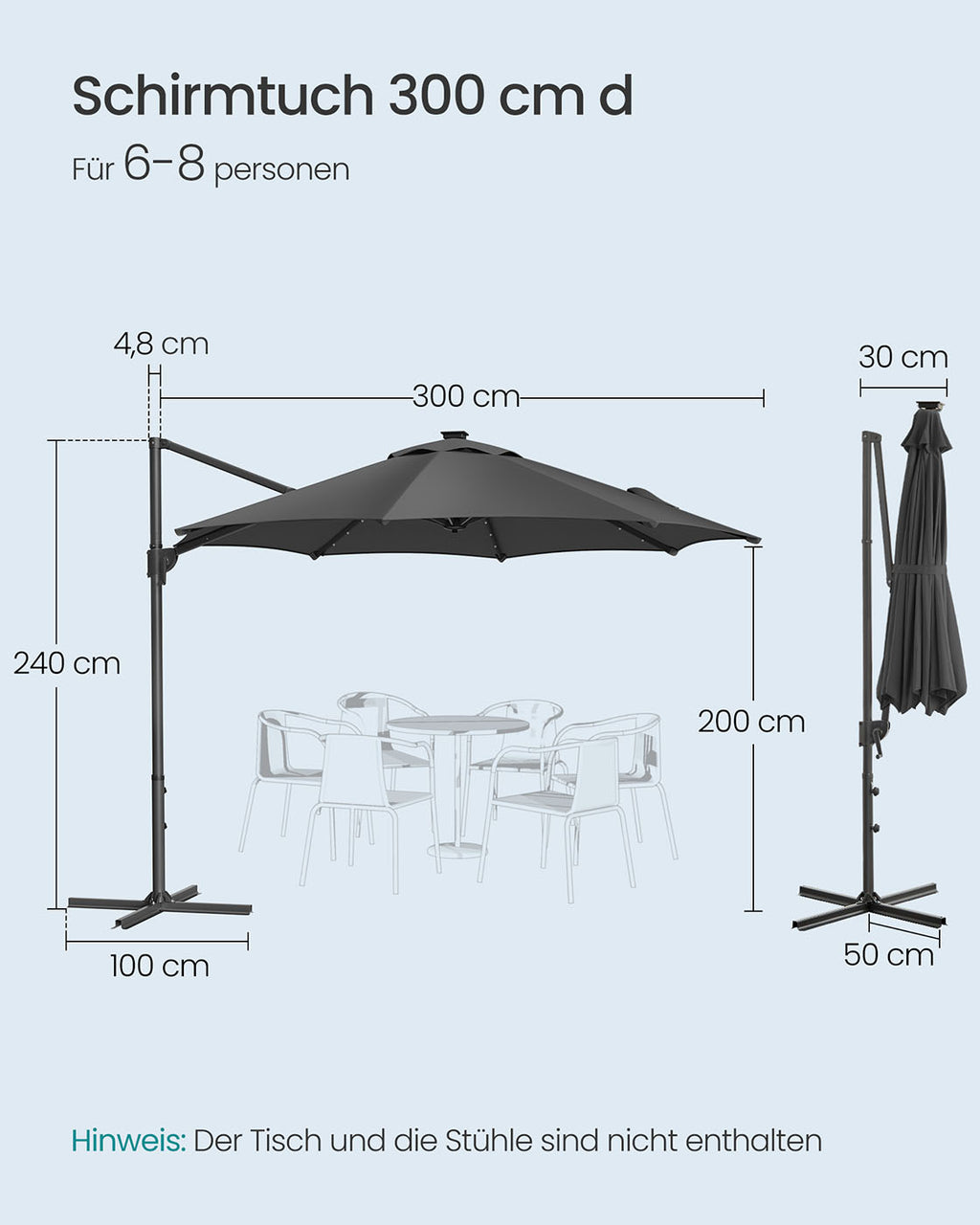 Parasol Ø300 cm-upf 50+-fith 28 LED-Lampen-Grau