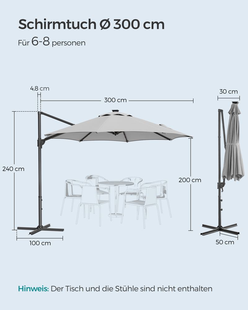 Parasol - schwimmendes Parasol - mit Kurbel - mit Beleuchtung - Grau