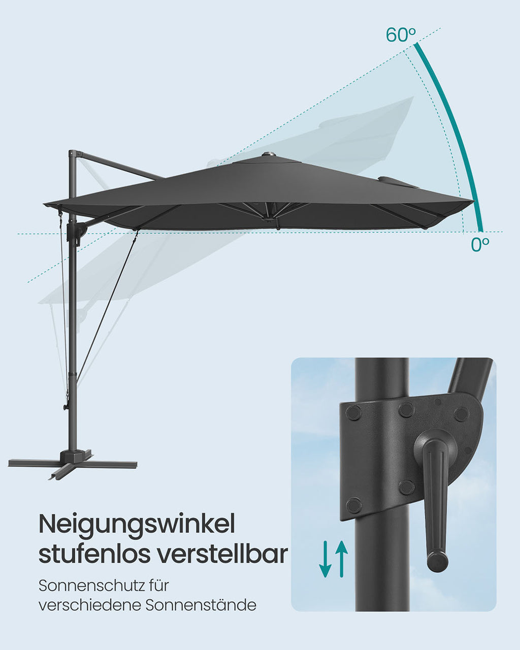 Parasol 270x270 cm - UPF 50+ - mit Kurbel und Querfuß - Grau