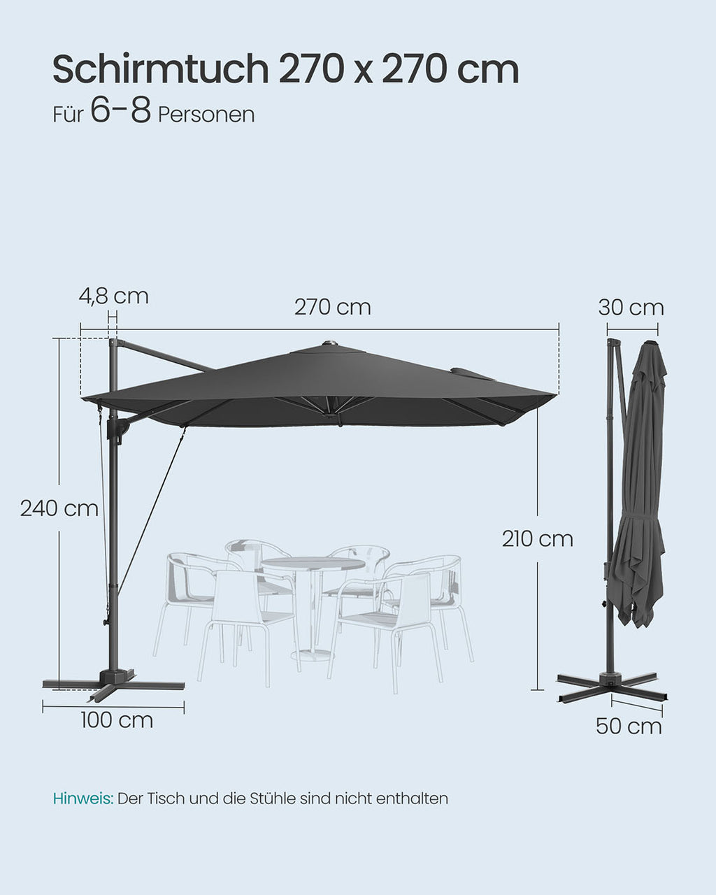 Parasol 270x270 cm - UPF 50+ - mit Kurbel und Querfuß - Grau