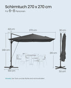 Parasol 270x270 cm - UPF 50+ - mit Kurbel und Querfuß - Grau