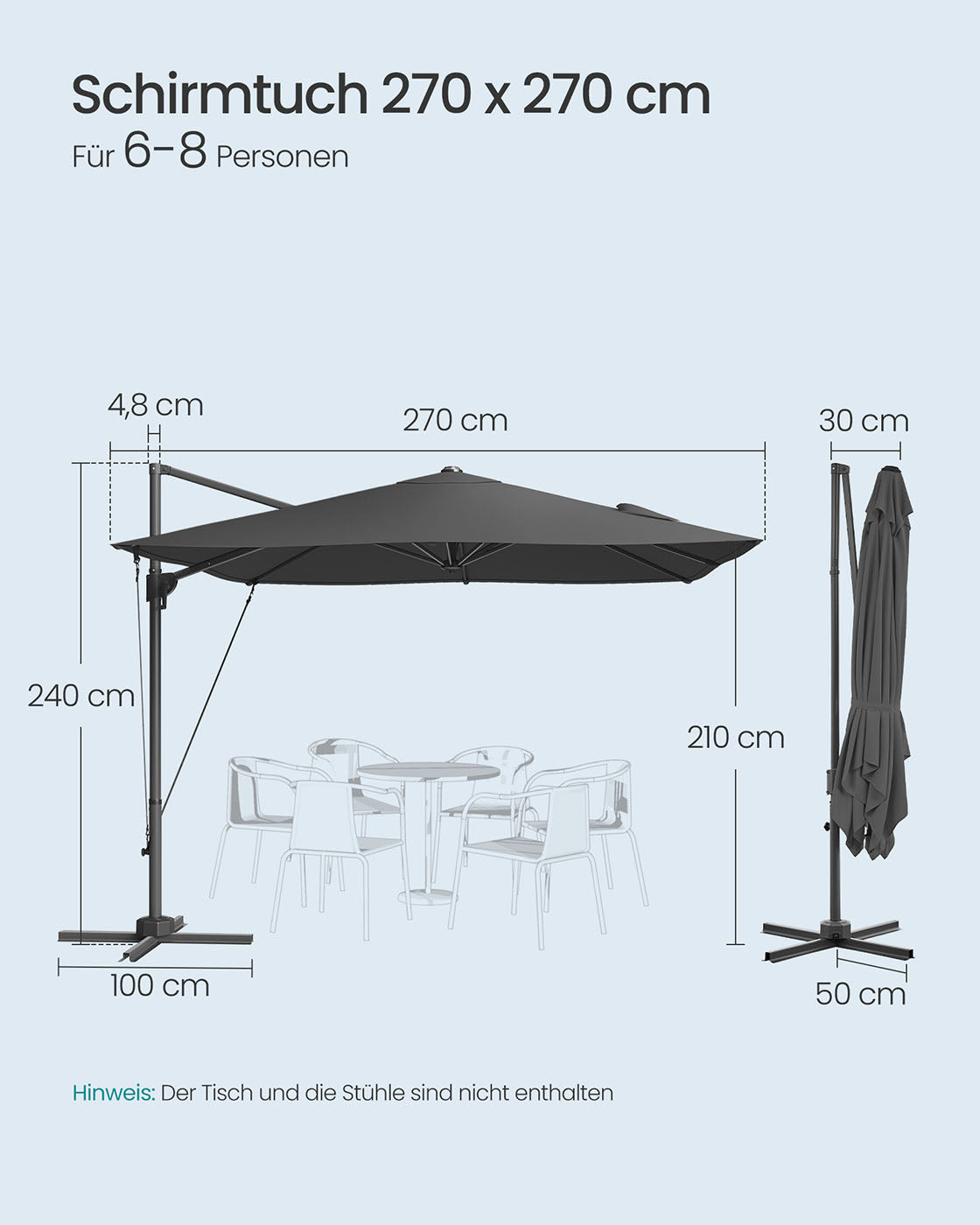 Parasol 270x270 cm - UPF 50+ - mit Kurbel und Querfuß - Grau