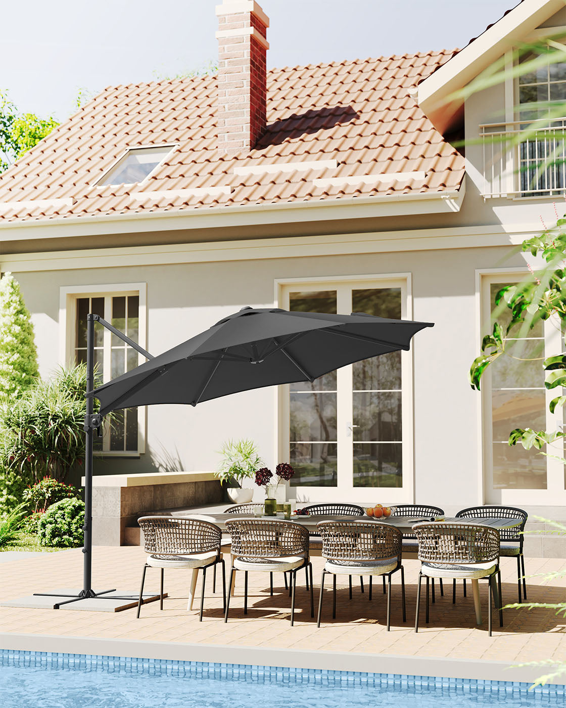 Parasol Ø300 cm - UPF 50+ - mit Kurbel und Querfuß - Grau