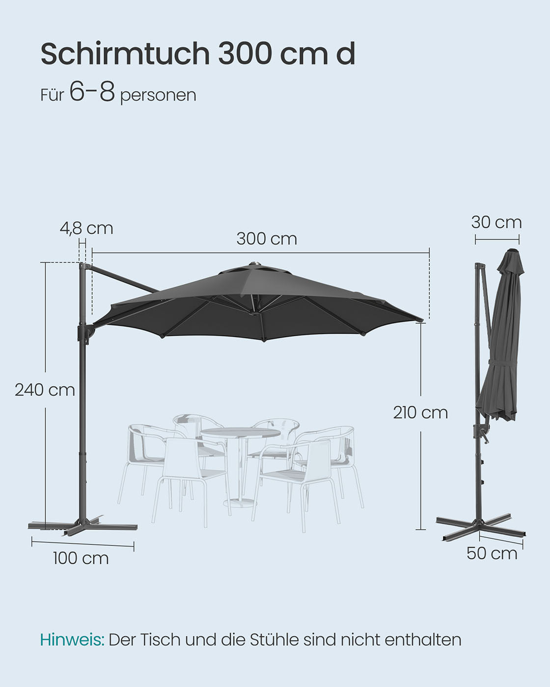 Parasol Ø300 cm - UPF 50+ - mit Kurbel und Querfuß - Grau