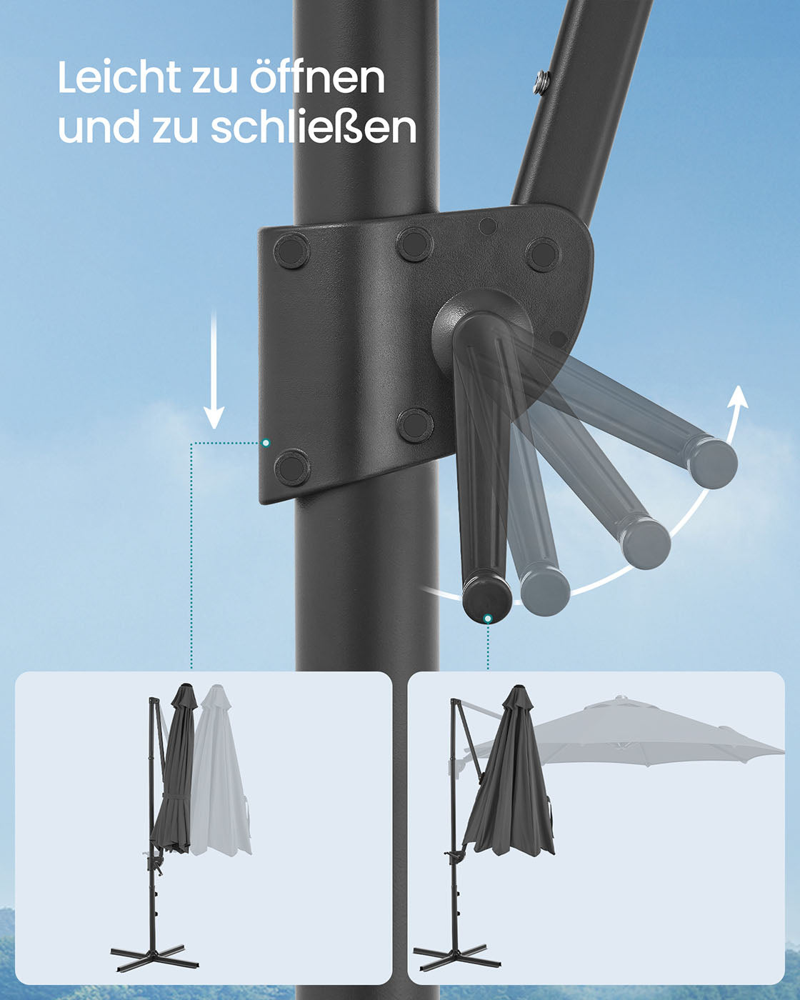 Parasol Ø300 cm - UPF 50+ - mit Kurbel und Querfuß - Grau