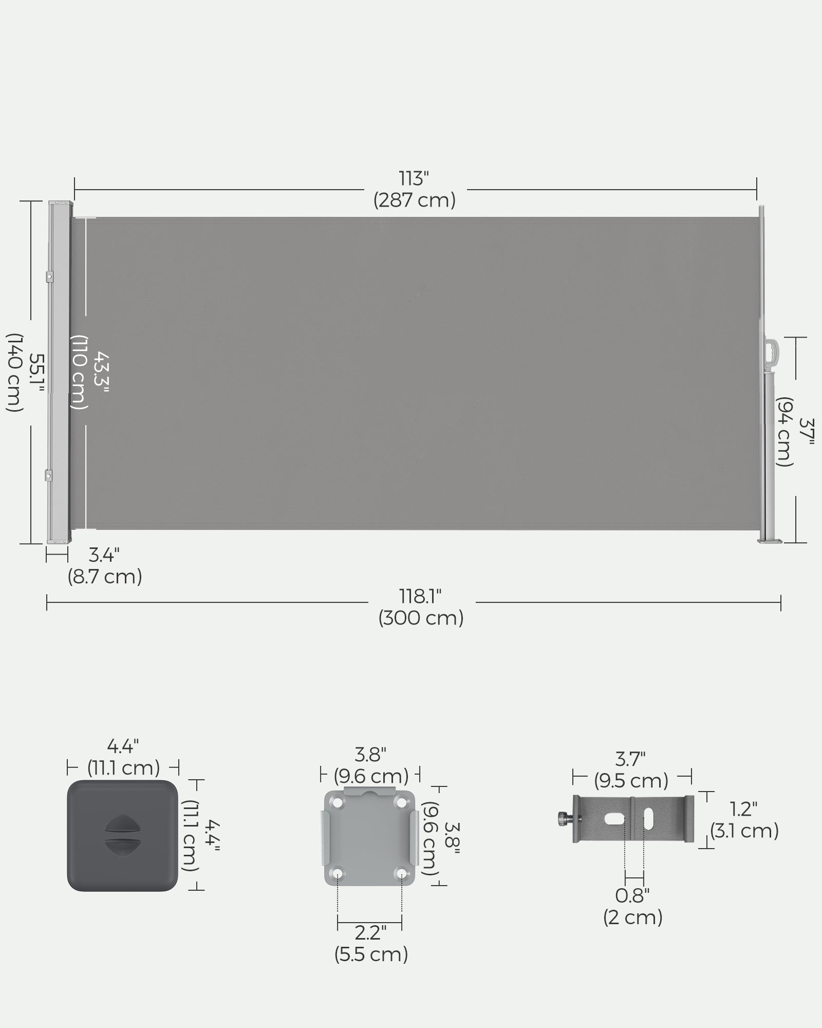 Erweiterbarer Seitendach- 140 x 300 cm- Wind- und Datenschutzschutz