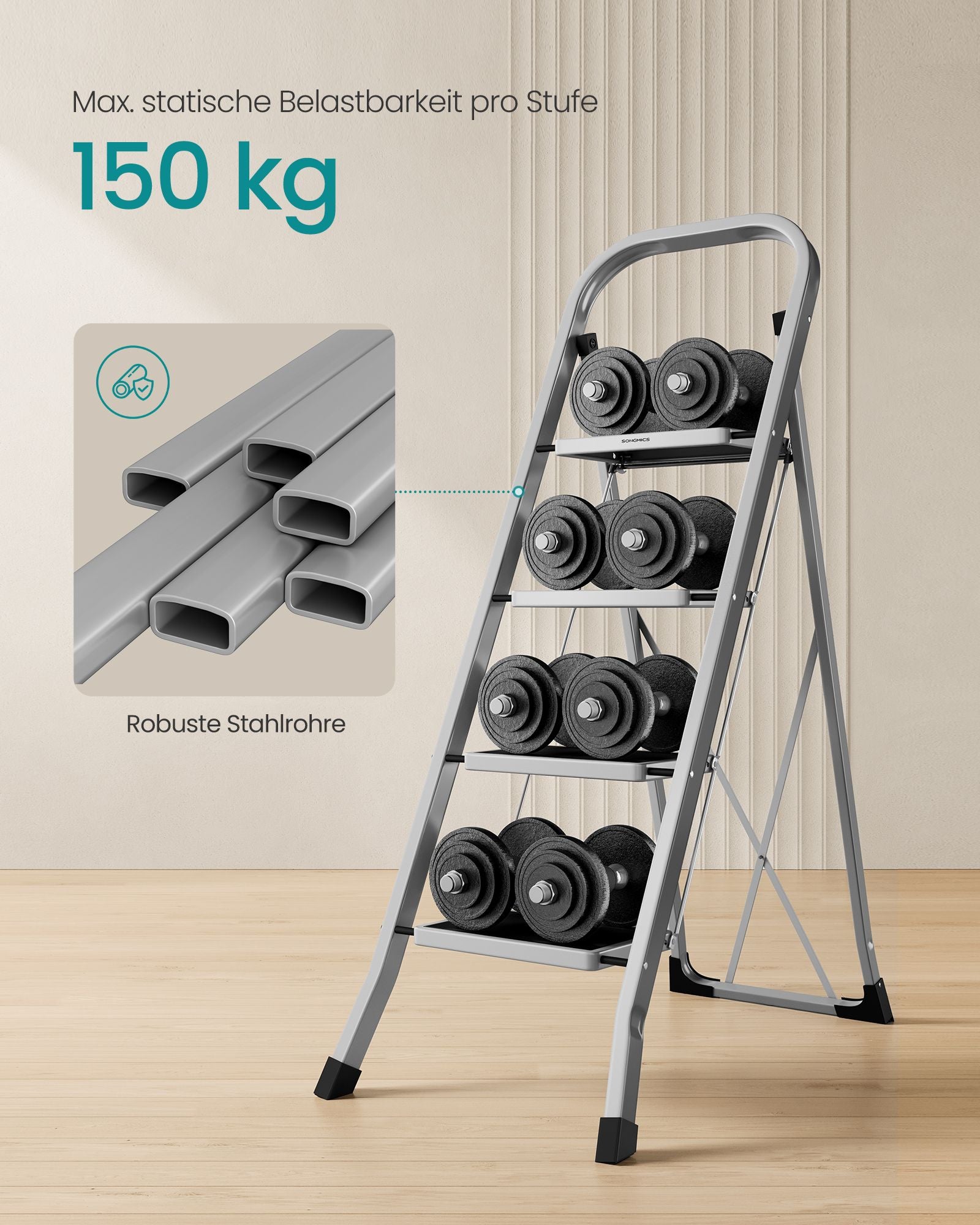 Treppenladder - mit 4 Stufen - Belastungskapazität von bis zu 150 kg - Taubengrau
