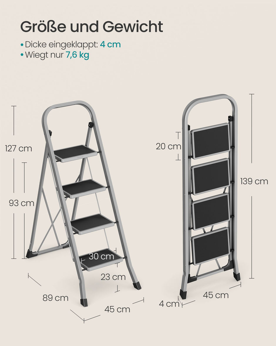 Treppenladder - mit 4 Stufen - Belastungskapazität von bis zu 150 kg - Taubengrau