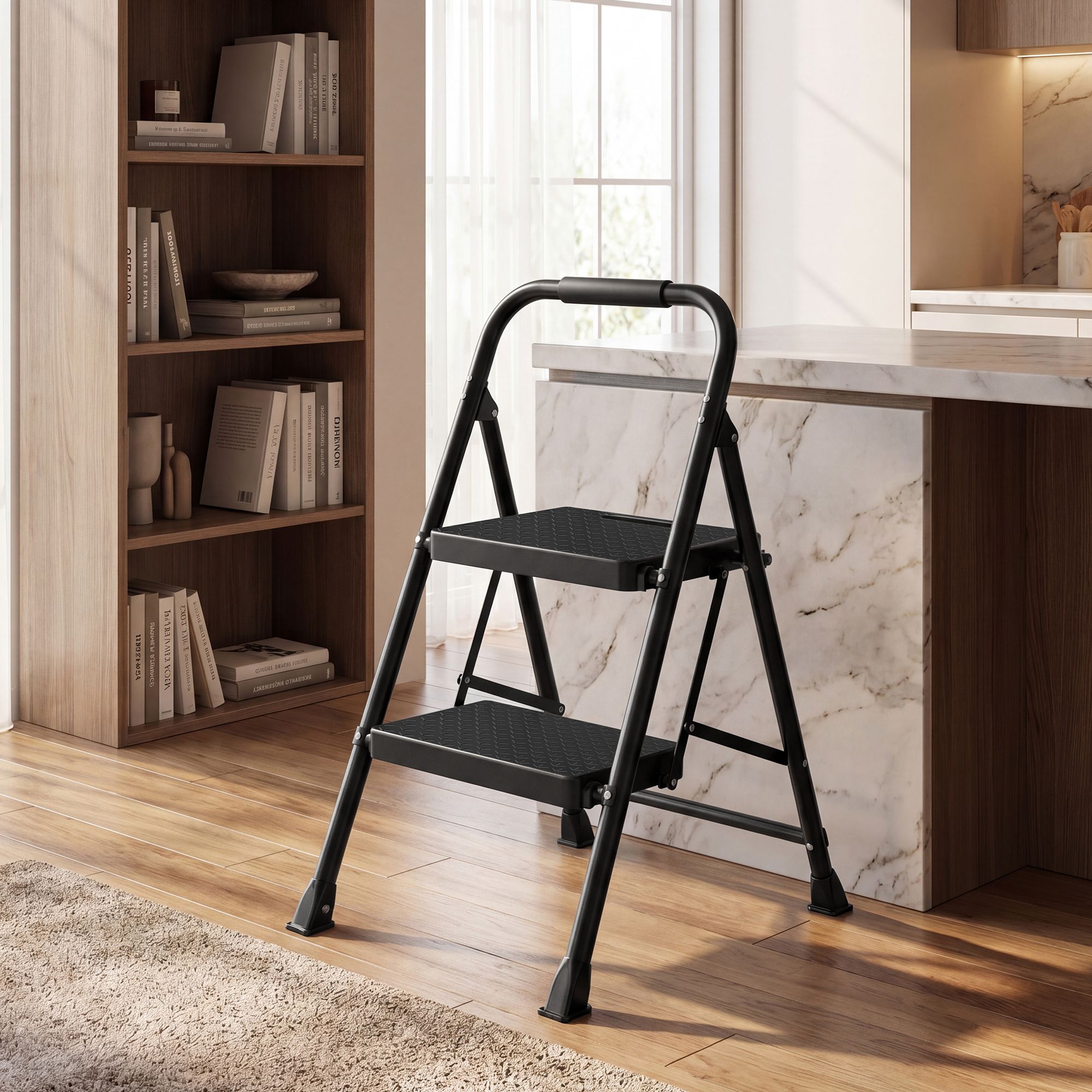 Opvouwbare Trapladder - 2 Treden - Staal - Draagvermogen tot 150 kg - Zwart