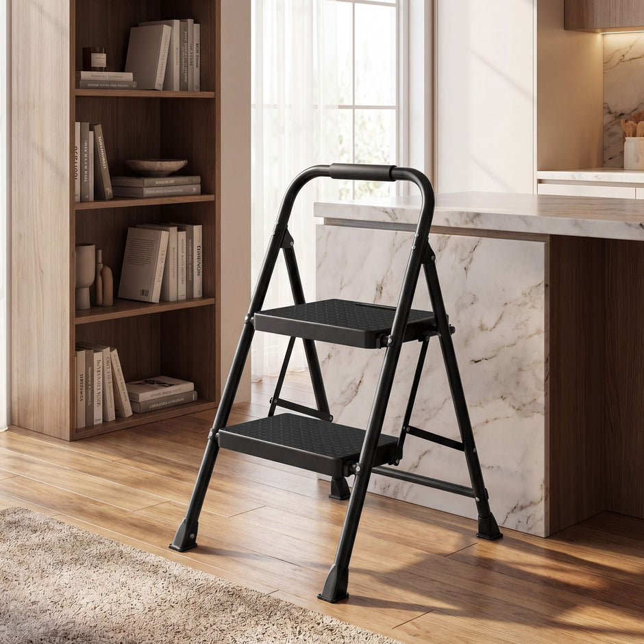Opvouwbare Trapladder - 2 Treden - Staal - Draagvermogen tot 150 kg - Zwart