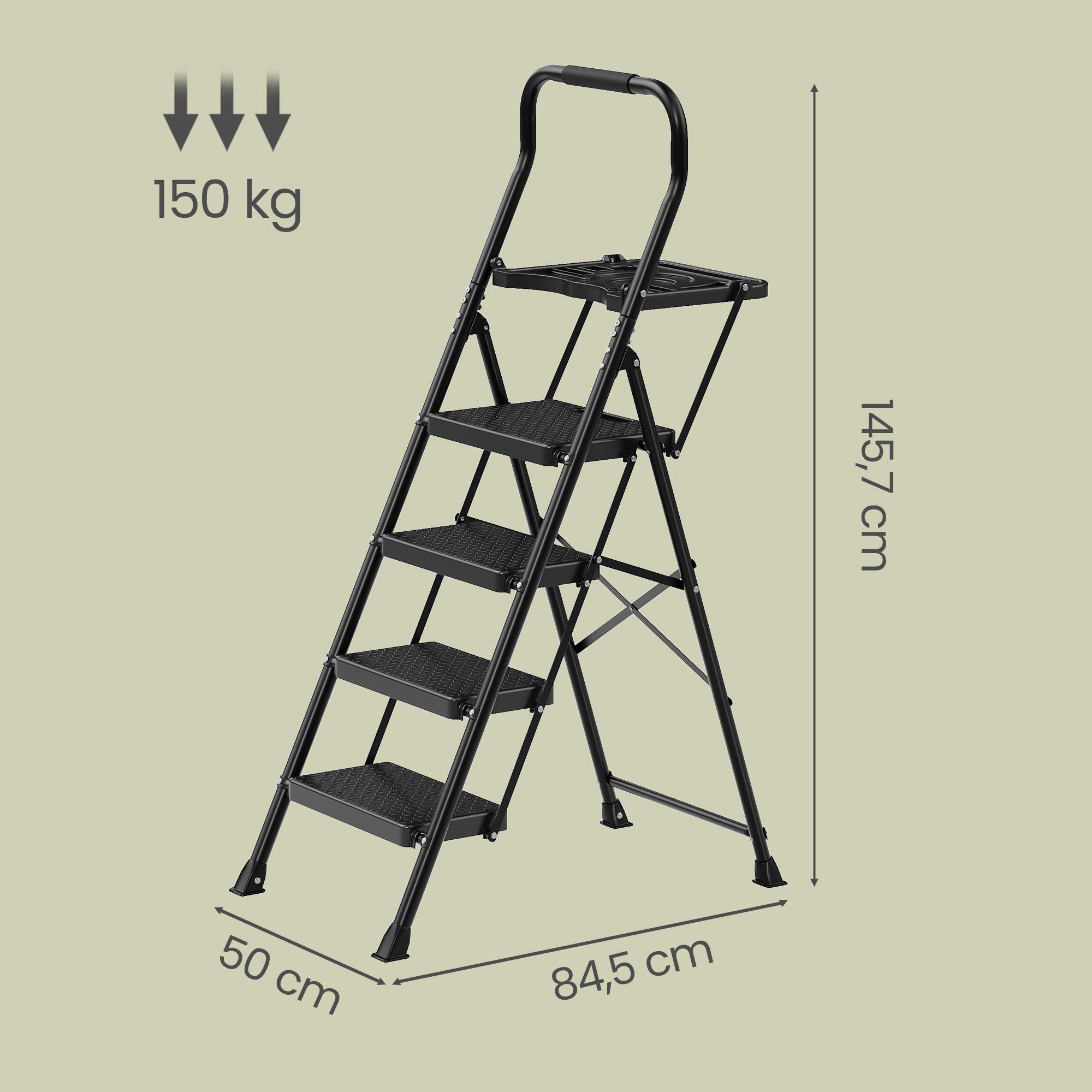 Opvouwbare Trapladder - 4 Treden - Staal - Draagvermogen tot 150 kg - Zwart