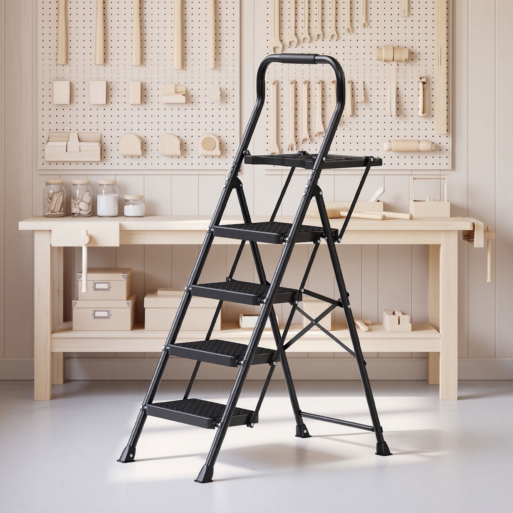 Opvouwbare Trapladder - 4 Treden - Staal - Draagvermogen tot 150 kg - Zwart