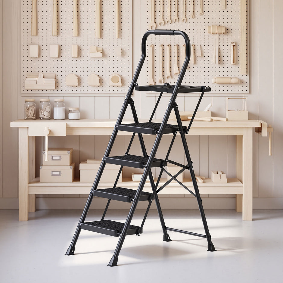 Opvouwbare Trapladder - 4 Treden - Staal - Draagvermogen tot 150 kg - Zwart