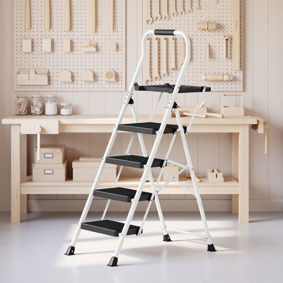 Opvouwbare Trapladder - 4 Treden - Staal - Draagvermogen tot 150 kg - Wit