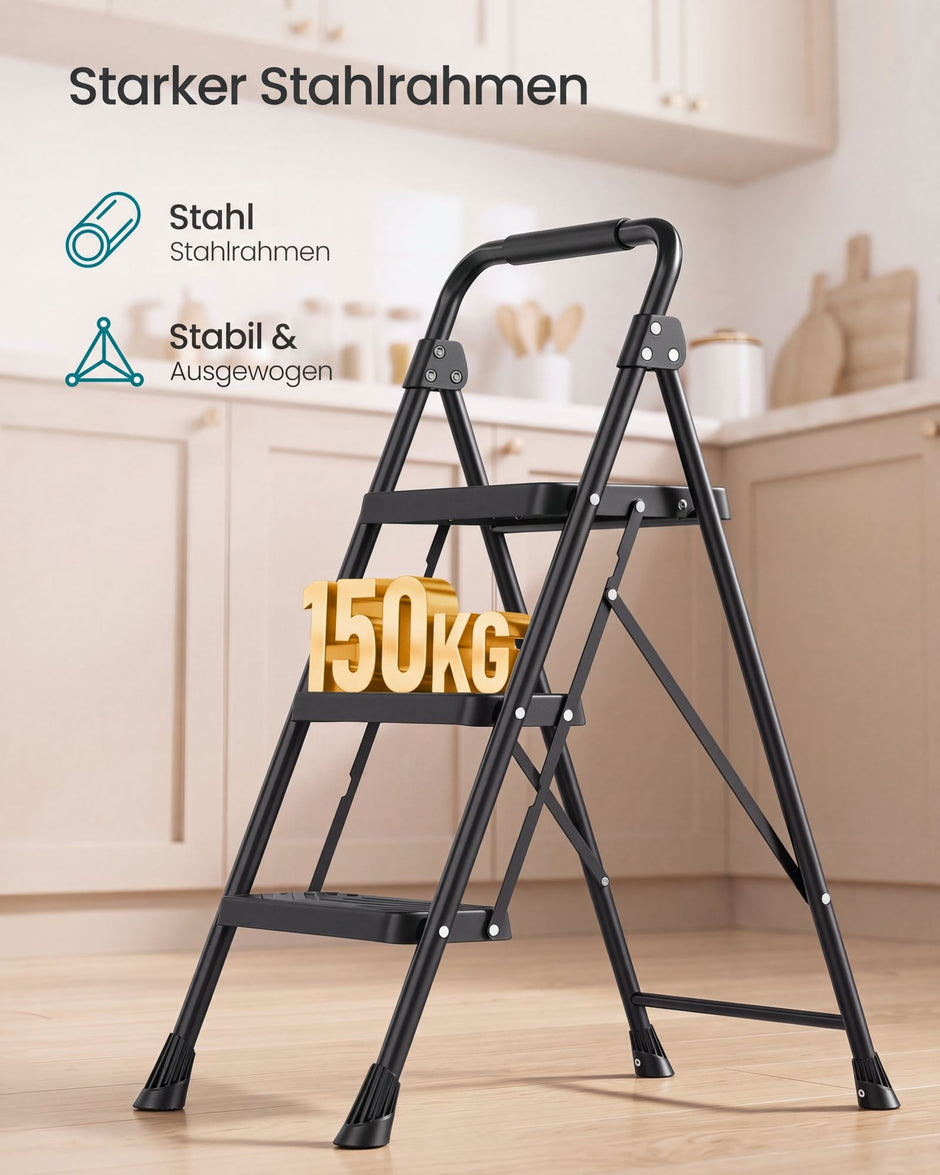 Opstapje – 3 Treden – Inklapbaar – Met Handgreep – Staal – Tot 150 kg – Zwart