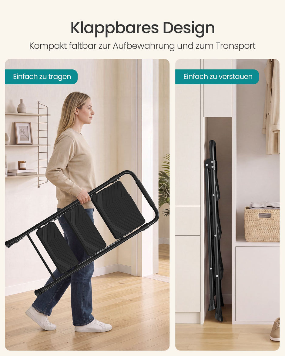 Opstapje – 3 Treden – Inklapbaar – Met Handgreep – Staal – Tot 150 kg – Zwart