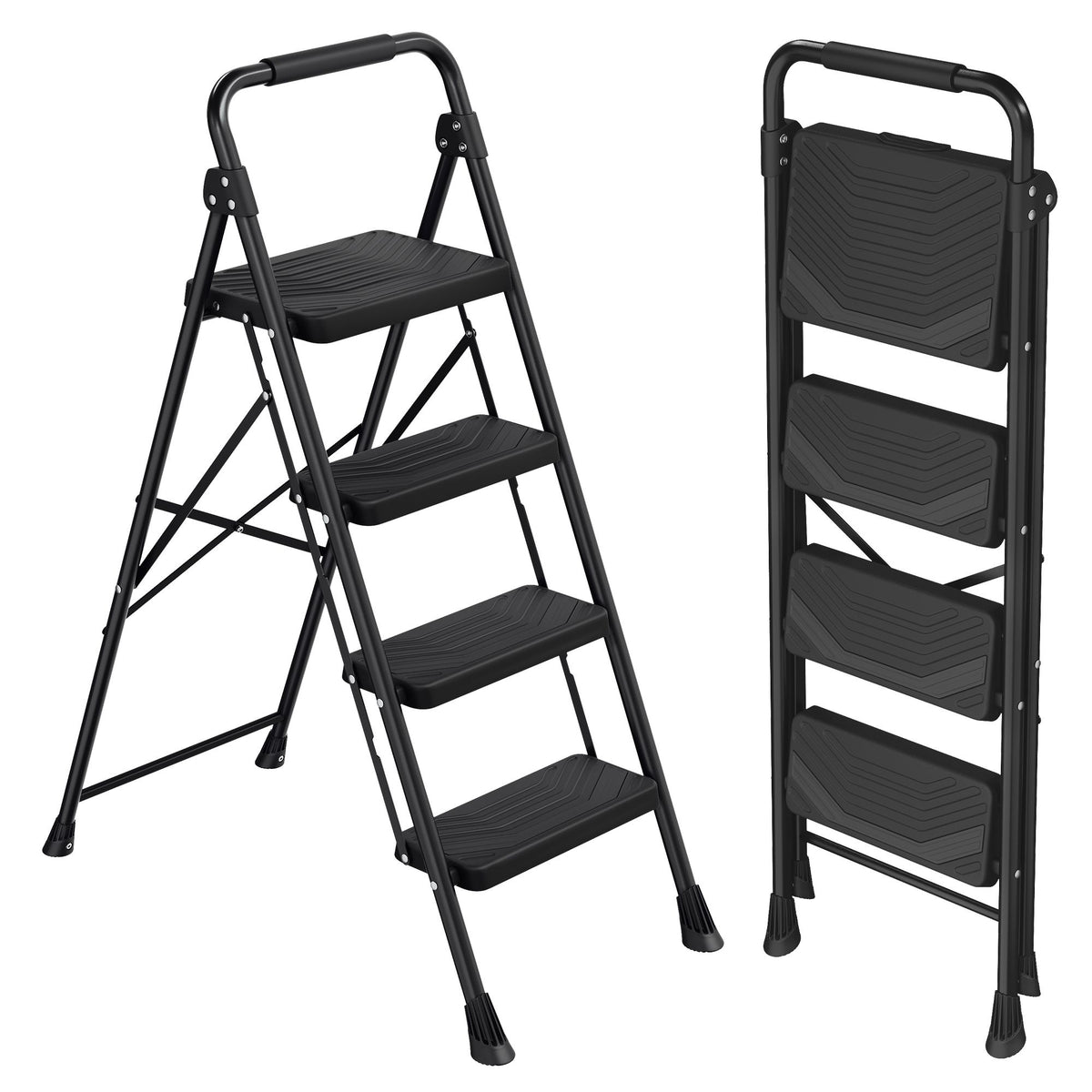 Opstapje – 4 Treden – Inklapbaar – Met Handgreep – Staal – Tot 150 kg – Zwart