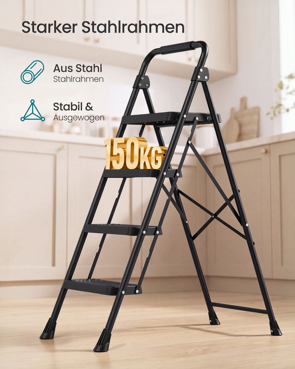Opstapje – 4 Treden – Inklapbaar – Met Handgreep – Staal – Tot 150 kg – Zwart