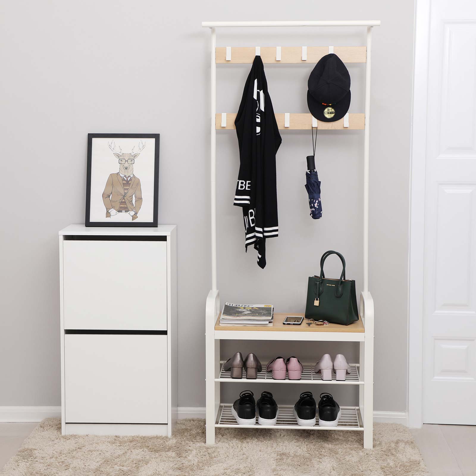 Kleiderregal - Schuhregal mit Bank - Industrial - Weiß/Naturel