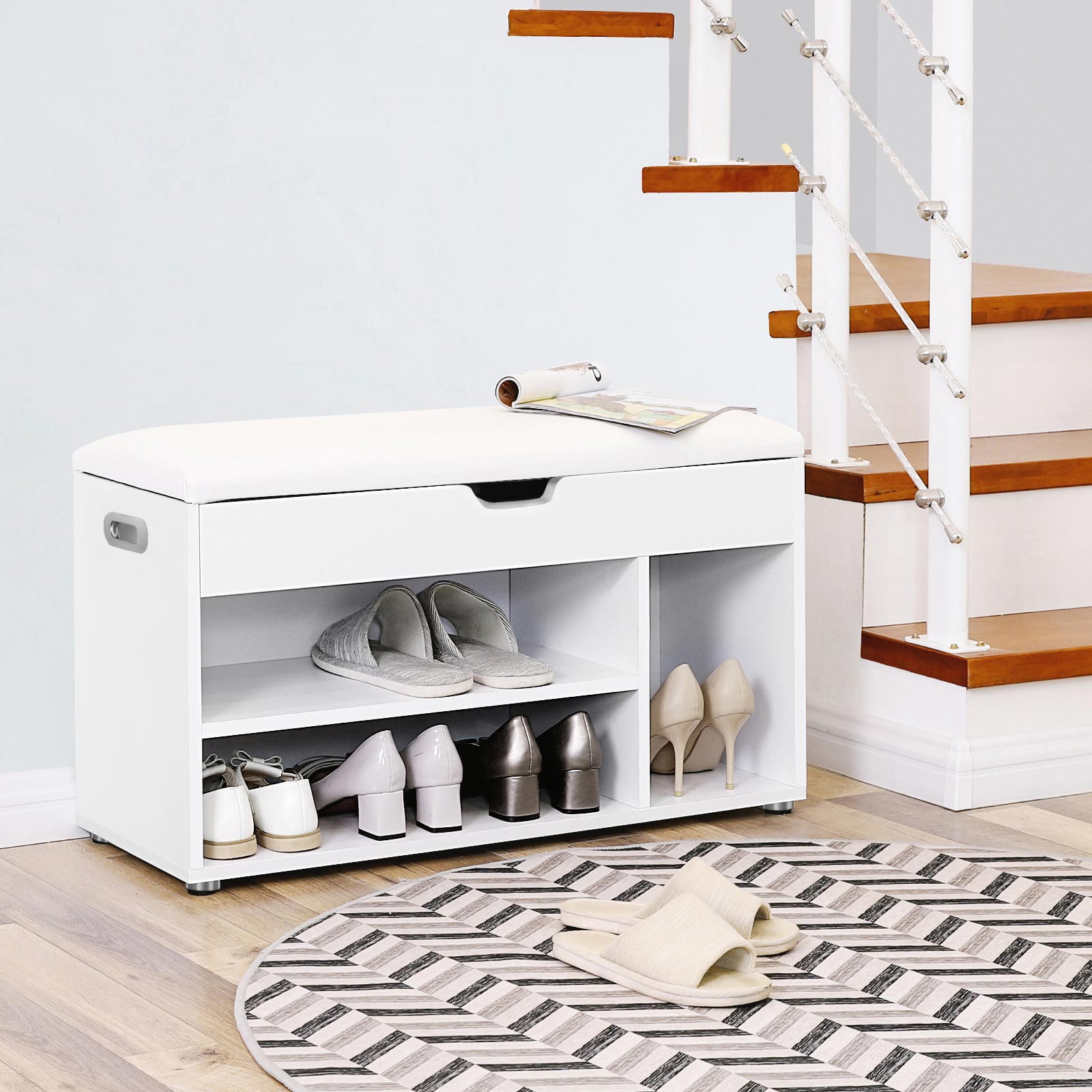 Schuhbank - mit Sitzkissen - 3 Fächer - Weiß