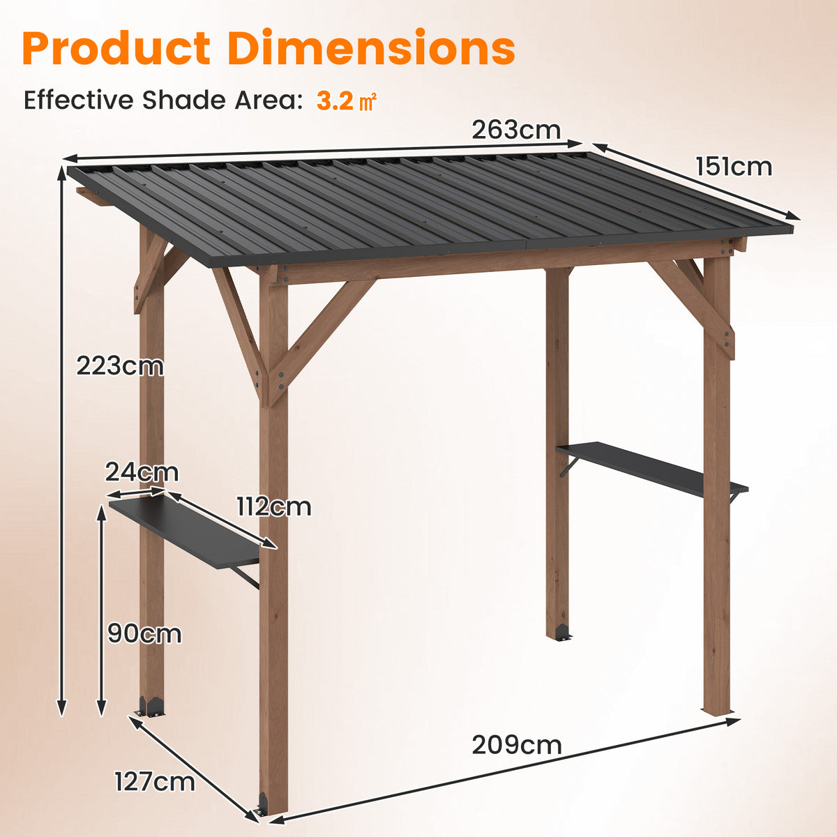 Grillpaviljong – av trä, grilltak med sidohyllor och lutande metalltak – 2 263 x 151 x 223 cm