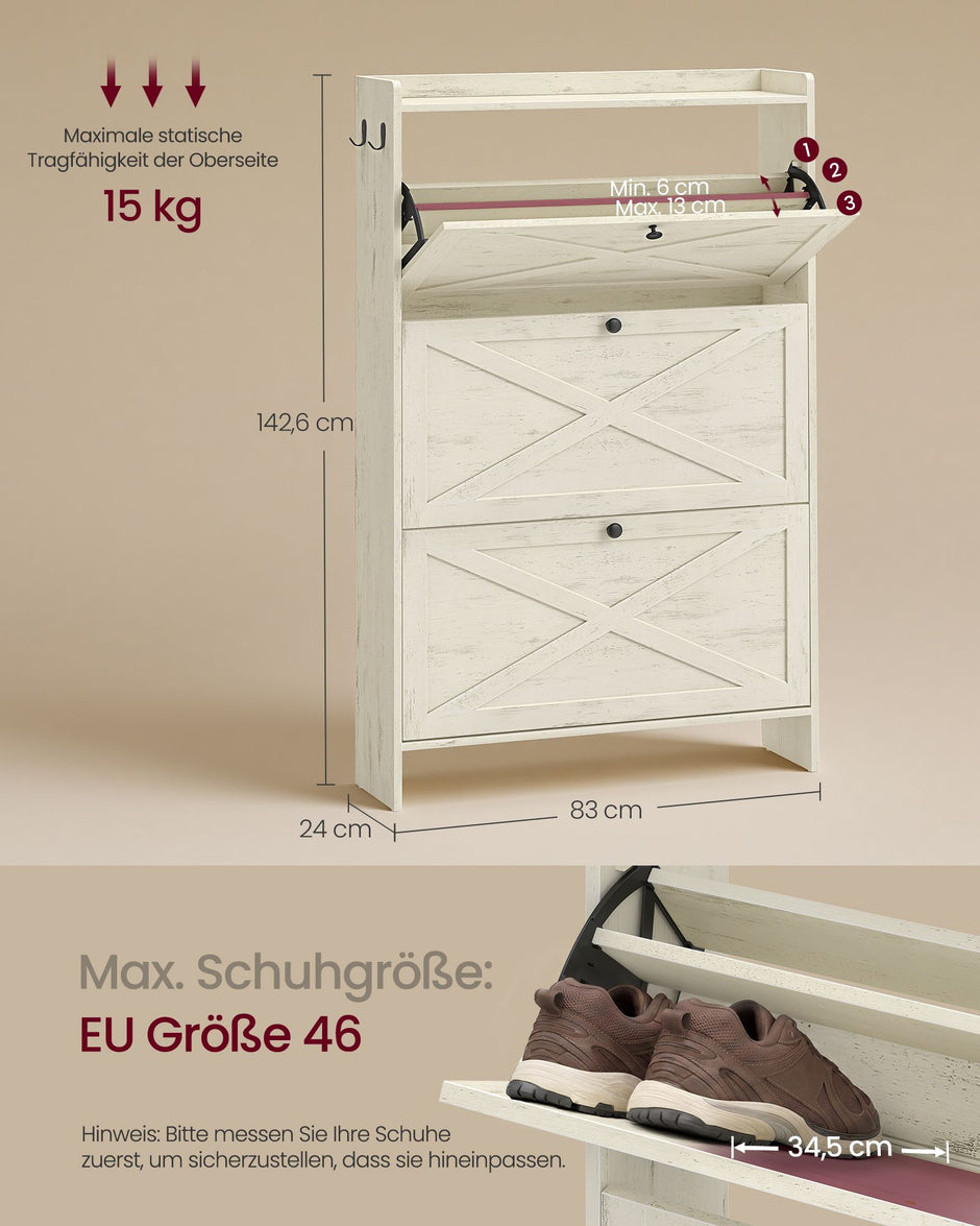 Schoenenkast - Met Klepdeuren - Ruimtebesparend - Rustiek wit - 83 x 24 x 142,6 cm